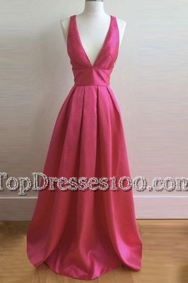 Cheap Hot Pink A-line Pleated Prom Party Dress Criss Cross Satin Sleeveless Floor Length