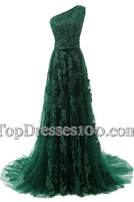 One Shoulder Sleeveless Tulle Prom Dresses Beading and Appliques Sweep Train Zipper