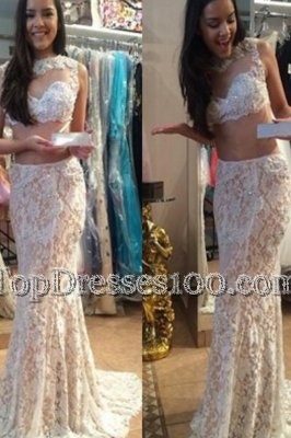 Eye-catching Mermaid Scoop White Sleeveless Lace Brush Train Zipper Evening Dress for Prom