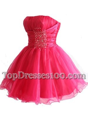 Elegant Sequins Ball Gowns Teens Party Dress Hot Pink Strapless Organza Sleeveless Mini Length Lace Up