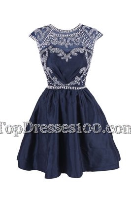 Custom Designed Scoop Navy Blue Cap Sleeves Satin Backless Club Wear for Prom and Party