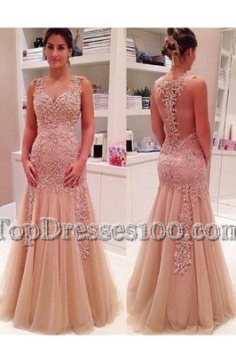 Mermaid Tulle Sleeveless Floor Length and Beading and Appliques