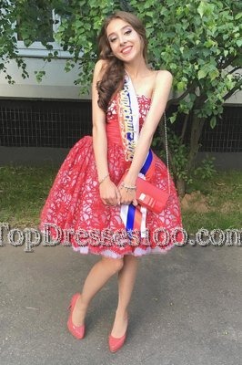 Pretty Red Lace Zipper Strapless Sleeveless Knee Length Club Wear Ruffles