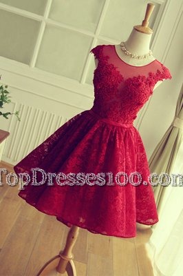 Cute Red A-line Off The Shoulder Short Sleeves Satin Tea Length Zipper Lace Club Wear