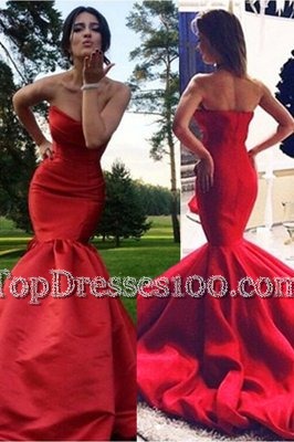 Flare Red Mermaid Sweetheart Sleeveless Elastic Woven Satin Sweep Train Zipper Pleated Dress for Prom