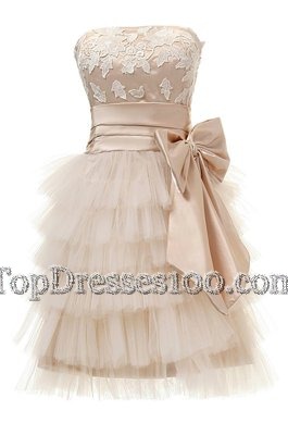 Champagne Ball Gowns Strapless Sleeveless Satin and Tulle Knee Length Zipper Appliques Cocktail Dresses