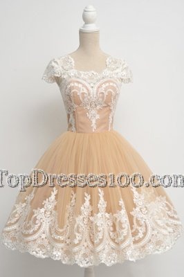 Scoop Cap Sleeves Tulle Knee Length Zipper Cocktail Dresses in Champagne for with Lace