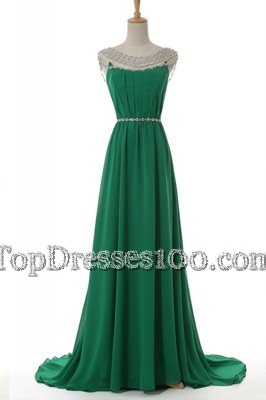 Noble Scoop Green Column/Sheath Belt Prom Dresses Side Zipper Elastic Woven Satin Sleeveless With Train