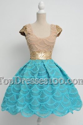 Fantastic Lace Sequins Knee Length Blue Club Wear Scoop Cap Sleeves Zipper