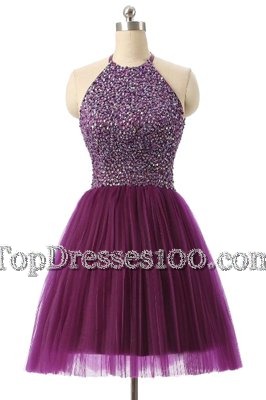 Romantic Halter Top Sleeveless Tulle Knee Length Zipper Cocktail Dress in Purple for with Sequins