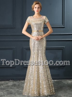 Extravagant Mermaid Silver Satin Zipper Scoop Short Sleeves Floor Length Prom Gown Sequins and Belt