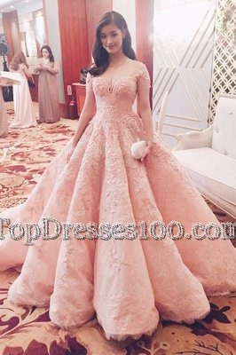 Pink Tulle Zipper Pageant Dress for Teens Short Sleeves With Train Sweep Train Lace