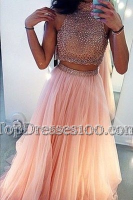 Beading Homecoming Dress Peach Side Zipper Sleeveless With Train Sweep Train