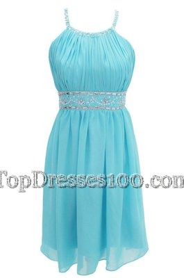 Exceptional Aqua Blue A-line Halter Top Sleeveless Chiffon Knee Length Criss Cross Beading Cocktail Dresses