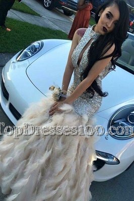 Mermaid Champagne Zipper High-neck Beading Pageant Dress for Teens Sequined Sleeveless