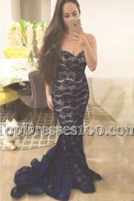 Unique Mermaid Halter Top Backless Prom Dresses Blue and In for Prom with Lace Sweep Train