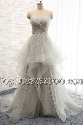 Adorable Sweetheart Sleeveless Pageant Dress Wholesale Court Train Beading Grey Tulle