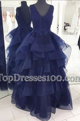 Dramatic Organza V-neck Sleeveless Backless Beading and Appliques and Ruffles Pageant Dress for Teens in Navy Blue