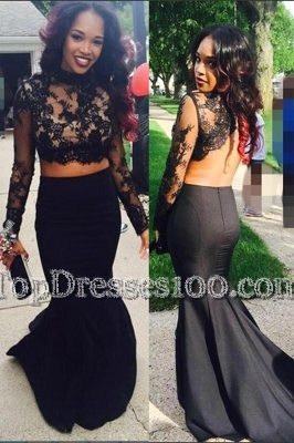 Most Popular Mermaid Black Satin Zipper Scoop Long Sleeves Prom Party Dress Sweep Train Appliques