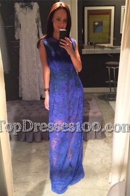 Scoop Floor Length Royal Blue Dress for Prom Lace Sleeveless Lace