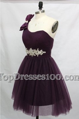 Purple A-line Tulle One Shoulder Sleeveless Beading Knee Length Lace Up Cocktail Dresses