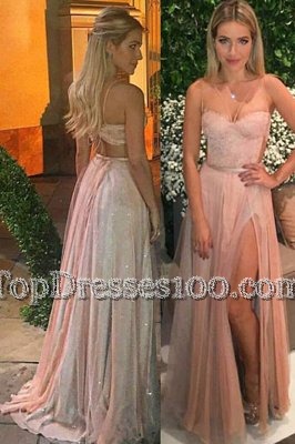Pink Prom Dresses V-neck Sleeveless Sweep Train Backless