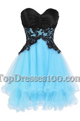 Mini Length Blue And Black Club Wear Tulle Sleeveless Appliques