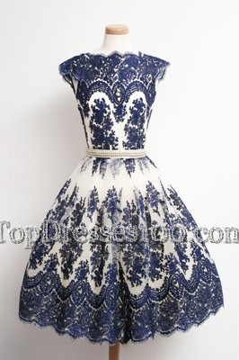 High Quality Scalloped Cap Sleeves Zipper Cocktail Dresses Navy Blue Tulle