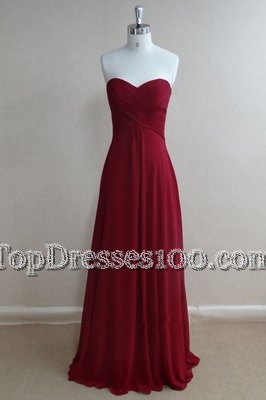 Burgundy A-line Sweetheart Sleeveless Chiffon Floor Length Zipper Ruching