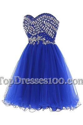 Fitting Sweetheart Sleeveless Cocktail Dresses Mini Length Beading Royal Blue Tulle