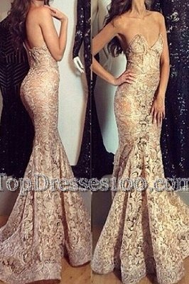 Cheap Pleated Sweep Train Mermaid Homecoming Dress Champagne Sweetheart Lace Sleeveless Zipper