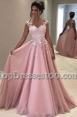 Low Price Pink V-neck Zipper Appliques Dress for Prom Sweep Train Sleeveless