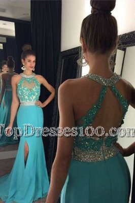Halter Top Aqua Blue Sleeveless With Train Beading and Appliques Zipper Homecoming Dress