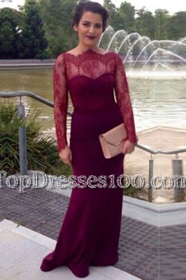 Fuchsia Column/Sheath Elastic Woven Satin Scalloped Long Sleeves Lace With Train Clasp Handle Homecoming Dress Brush Train