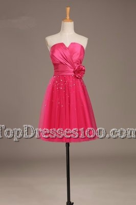 Gorgeous Coral Red Satin and Tulle Lace Up Club Wear Sleeveless Knee Length Beading and Hand Made Flower