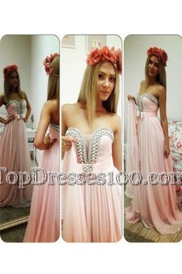 Eye-catching Pink A-line Chiffon Strapless Sleeveless Beading Floor Length Zipper Prom Dresses