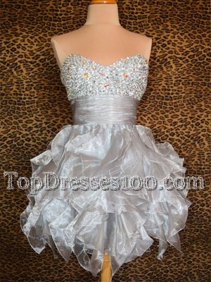 Cute Mini Length Grey Cocktail Dress Organza Sleeveless Beading and Ruffles