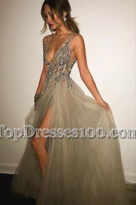 Sophisticated Champagne V-neck Backless Beading Dress for Prom Sweep Train Sleeveless