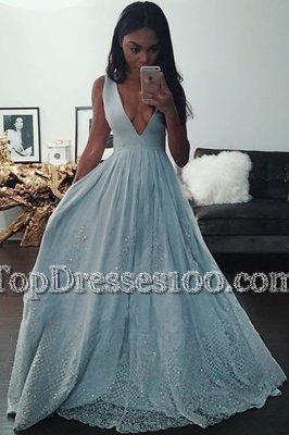 Floor Length Light Blue Prom Gown Taffeta Sleeveless Beading and Lace