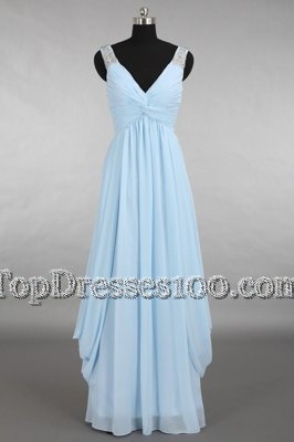 Sleeveless Chiffon Floor Length Zipper Homecoming Dress in Light Blue for with Beading