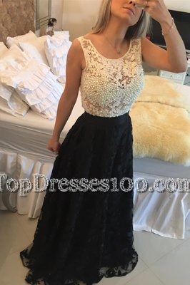Scoop Sleeveless Side Zipper Prom Evening Gown White And Black Lace