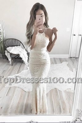 Hot Sale Mermaid Halter Top Sleeveless Zipper Floor Length Lace Evening Dress