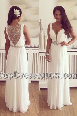 Floor Length White Evening Dress V-neck Sleeveless Zipper