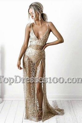 Perfect Champagne Backless Evening Outfits Lace Sleeveless With Brush Train