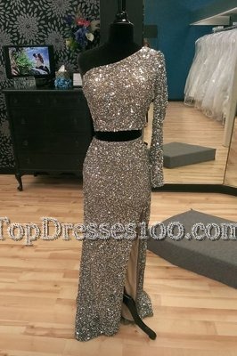 Attractive One Shoulder Silver Long Sleeves Sequined Sweep Train Zipper Prom Party Dress for Prom and Party