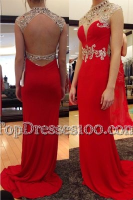 Red Sleeveless Chiffon Sweep Train Backless Prom Evening Gown for Prom