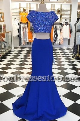 Sumptuous Beading Royal Blue Zipper Short Sleeves With Train Sweep Train