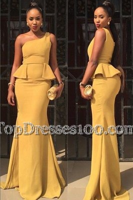 Beauteous Mermaid One Shoulder Ruching Prom Evening Gown Yellow Zipper Sleeveless Floor Length