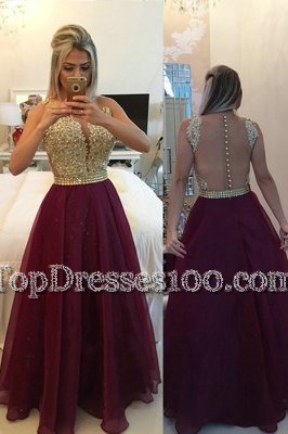 V-neck Sleeveless Zipper Prom Gown Burgundy Organza