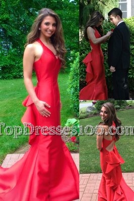 Mermaid Sleeveless Ruffles Zipper Custom Made Pageant Dress with Red Court Train